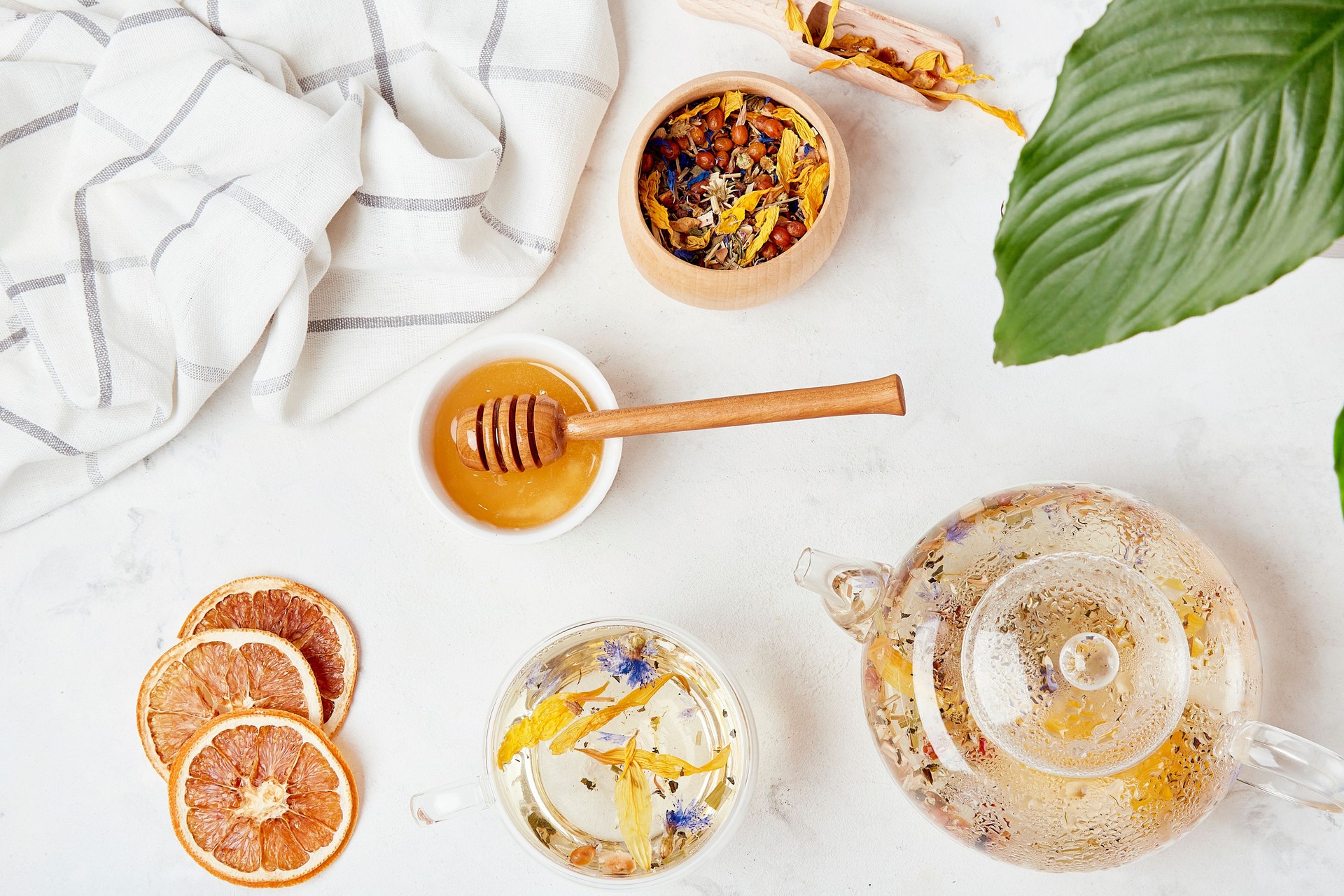 Organic mountain blend - calming herbal elixir - wellness retreat with herbal infusions table setting