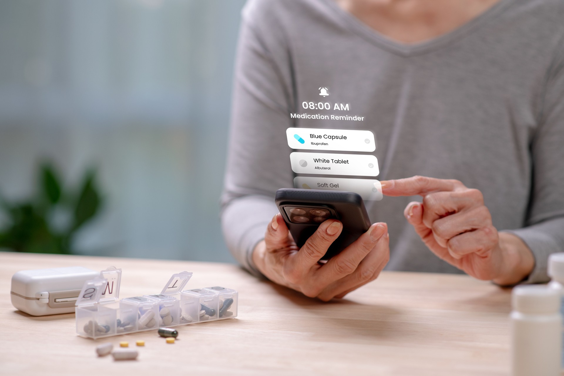 Senior Asian Woman checking medication reminder on phone, in concept of Augmented reality, Application Interface design, UX UI design, and Health care